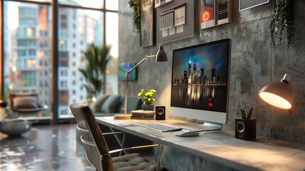 Modern, minimalist workspace with a desk, computer, and cityscape view.