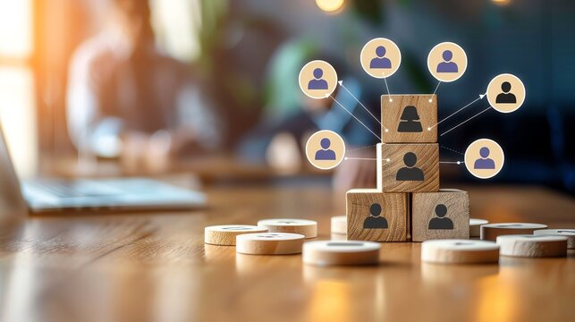 Wooden blocks with human icons stacked, representing a network of people.  A blurred laptop and coins in the background.  Concept for teamwork, connection, and community.