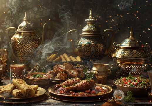 Middle Eastern cuisine features traditional Arabic dishes, especially popular during Ramadan. Captured with hyperrealistic food photography.