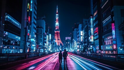 tokyo streets at night with water puddles reflecting a neon glow and bustling crowd