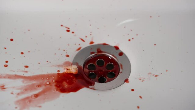 Blood Spat from Mouth into Sink with Fallen Tooth, Close-Up, Slow Motion.
