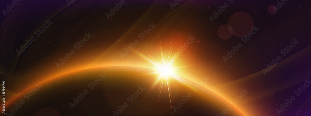 Wall mural planet horizon with bright orange glow. realistic vector illustration of view from outer space on ab