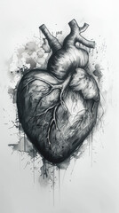 Obraz premium Anatomical watercolor heart, black and white illustration.