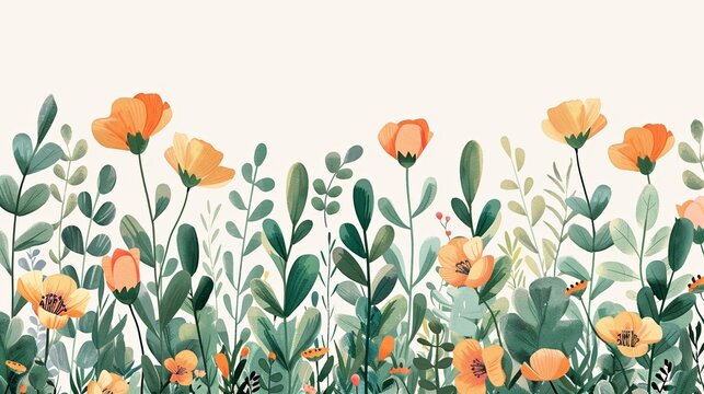 Beautiful watercolor illustration of orange and yellow flowers with green foliage on a light background, perfect for spring and summer designs.