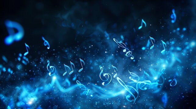 A vibrant, abstract image of glowing blue music notes floating against a dark background, symbolizing the harmony and energy of music.