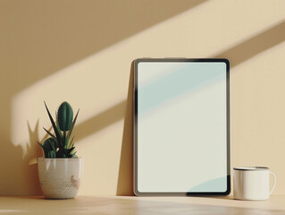 Mockup empty blank tablet pro screenin side cactus