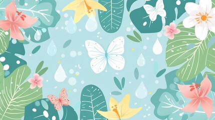 Colorful floral background with a variety of flowers, leaves, and butterflies in a fresh and vibrant design.