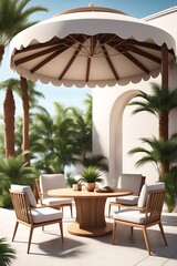 Fototapeta premium Terrace with outdoor furniture round table chairs gazebo and palm trees Exotic summer patio