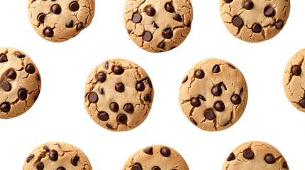 Chocolate chip cookie cookies, top view on transparent background