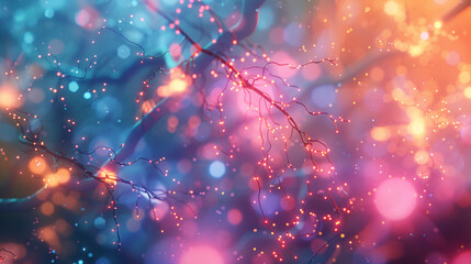 3D rendering of glowing neurons and brain cells in pink, blue, orange colors