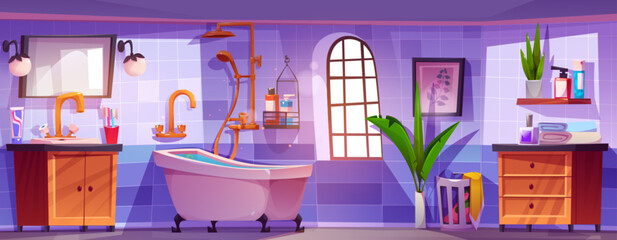 Modern bathroom interior design. Vector cartoon illustration of tiled room with bath, shower, sink and mirror, body care cosmetic bottles, towels, green plant on wooden shelf, daylight in window