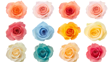 Pattern of roses, Collection set of salmon pink blue rainbow yellow stalk of rose roses flower floral top view on transparent background