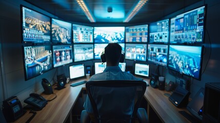 Person in control room monitoring multiple screens, illustrating technology, surveillance, security, and data management in operation.