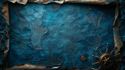 Naklejka premium Vintage nautical map with curled edges and a compass on blue parchment background, hinting at seafaring adventures and old-world exploration.