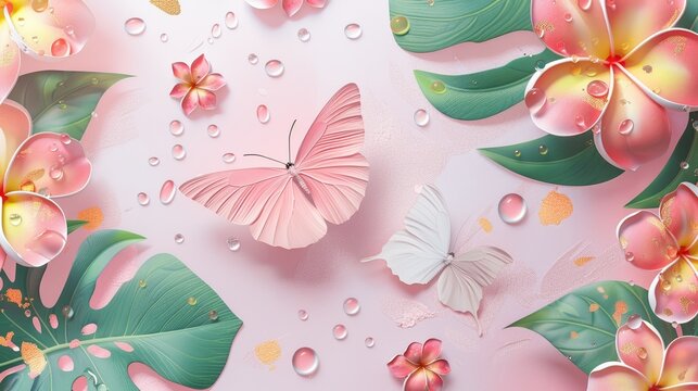 Vibrant pink and white butterflies with tropical flowers and leaves on a light background, creating a serene and delicate atmosphere.