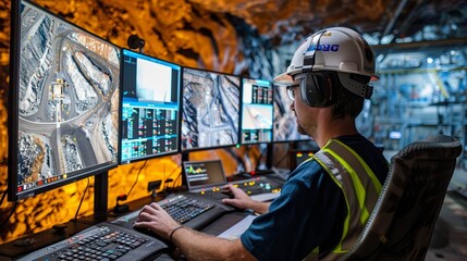 Engineer monitoring mining operations on multiple screens in an underground control room, ensuring safety and efficiency.