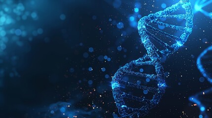 Glowing blue DNA strand on a dark background with particles, representing genetic research, science, and biotechnology.