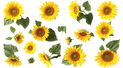 Collection set stalk of sunflower sunflowers flower floral plant with leaf leaves on transparent background