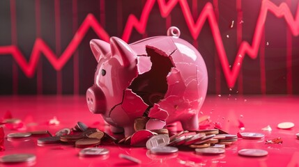 A pink shattered piggy bank with coins spilling out and a descending red graph in the background