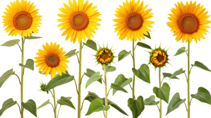 sunflowers isolated with leaf leaves on transparent background