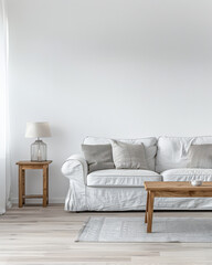 Bright minimalist living room in a luxury home with stylish minimal furniture and natural lighting. Home decor minimalist composition in neutral tonality.