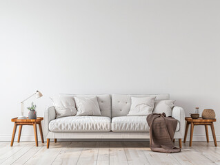 Bright minimalist living room in a luxury home with stylish minimal furniture and natural lighting. Home decor minimalist composition in neutral tonality.