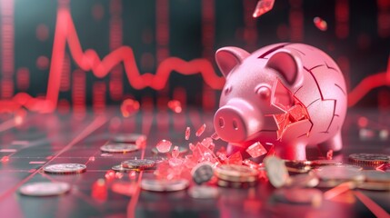 A pink shattered piggy bank with coins spilling out and a descending red graph in the background