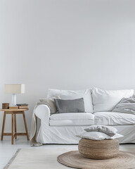 Bright minimalist living room in a luxury home with stylish minimal furniture and natural lighting. Home decor minimalist composition in neutral tonality.