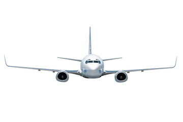 Front view of the white passenger airplane flying isolated