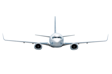 Front view of the white passenger airplane flying isolated