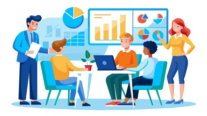 Fototapeta premium Meeting of minds around data! A European team decodes charts and graphs presented on a whiteboard, fostering collaboration and informed decision-making.