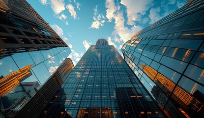 Breathtaking view of towering skyscrapers against a vibrant blue sky with soft clouds at sunset