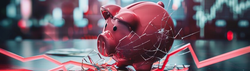 A broken piggy bank with sad people in the background and a downward red graph, top view, symbolizing financial loss, futuristic tone, vivid color scheme