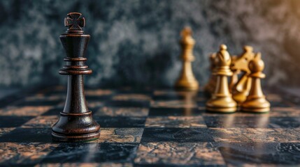 Fototapeta premium A chess board with a black king on it. The king is surrounded by other pieces, including pawns and rooks. Concept of strategy and competition, as the king is the most important piece on the board