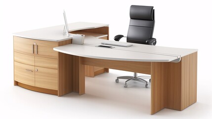 Fototapeta premium Modern office desk with a comfortable chair, computer setup, and wooden cabinetry. Ideal for a professional workspace.