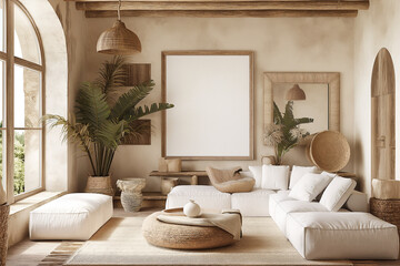 Mockup frame in a boho nomadic interior background with rural decorations