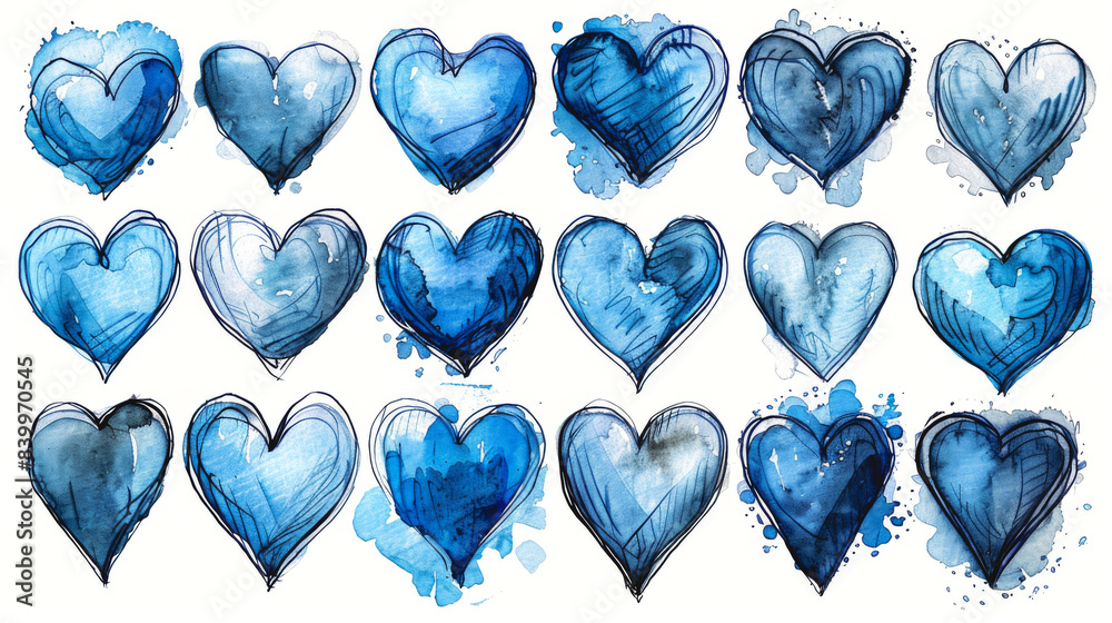 Wall mural Watercolor set of blue hearts on white background.