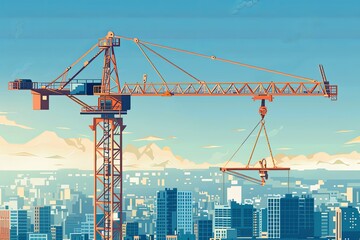 Fototapeta premium Illustration of a modern construction crane, hoisting, towering and efficient amidst bustling cityscape, modern urban construction