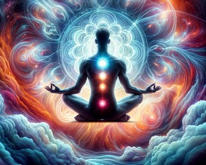 Meditating Person with Glowing Chakra in a Cosmic Background