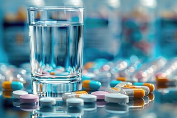 A glass of water sits on a table with scattered pills, ready for consumption