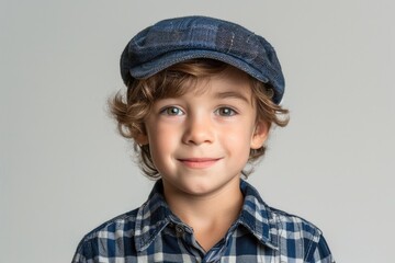 A close-up portrait of a young boy wearing a plaid shirt and a blue cap, smiling warmly against a grey backdrop