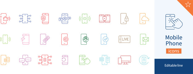 Mobile Phone web icons in line style. Notification, responsive, movie, service, 