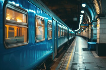A retro blue train carriage is illuminated at dusk on a covered platform in an old-fashioned railway station setting