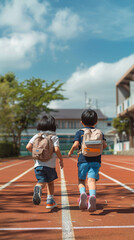 Two elementary school students wearing short clothes and shorts are running on the track of the playground