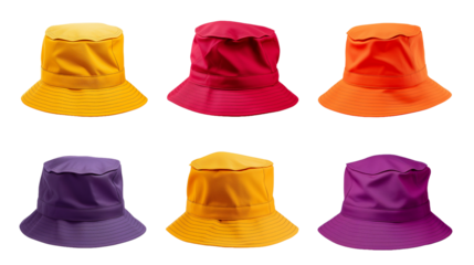 Set of red violet yellow orange bucket fisherman fishing hat on transparent background