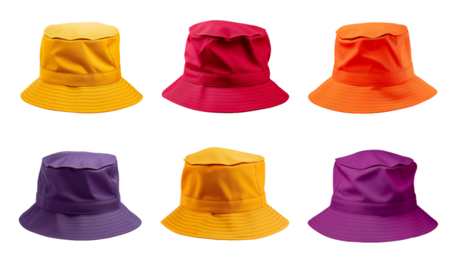 Set of red violet yellow orange bucket fisherman fishing hat on transparent background