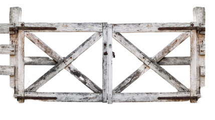 Old rusty metal door, Wooden white washed rustic board wood fence gate on transparent background
