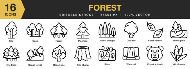 Set of 16 Forest icon set. Editable Stroke Icon Collection. Includes tree, oak tree, river, tree stump, waterfall, and More. Outline icons vector collection.