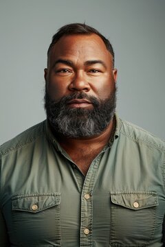 A studio portrait of a middle-aged man with a beard and a serious expression wearing a green shirt