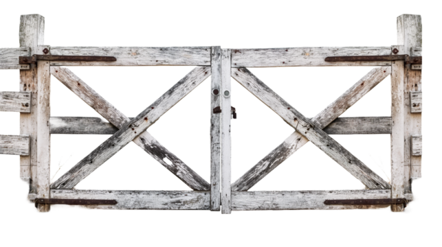 Old rusty metal door, Wooden white washed rustic board wood fence gate on transparent background